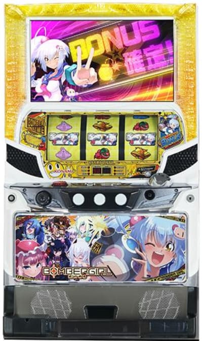 パチスロ ボンバーガールの筐体全景とリールデザイン
